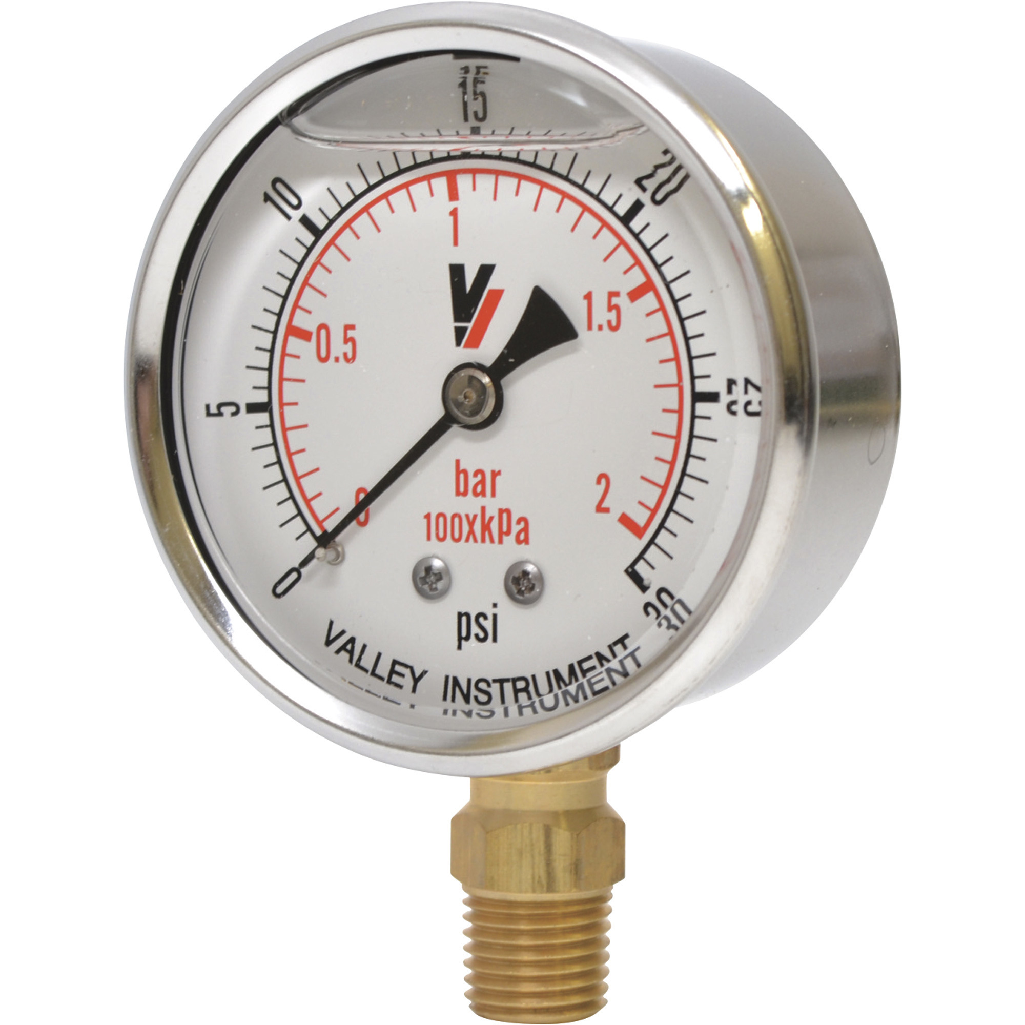 Valley Instrument Glycerin Filled Pressure Gauge - 2.5in. Diameter, 0-30 PSI, 1/4in. NPT, Model# Grade A Stem Mount